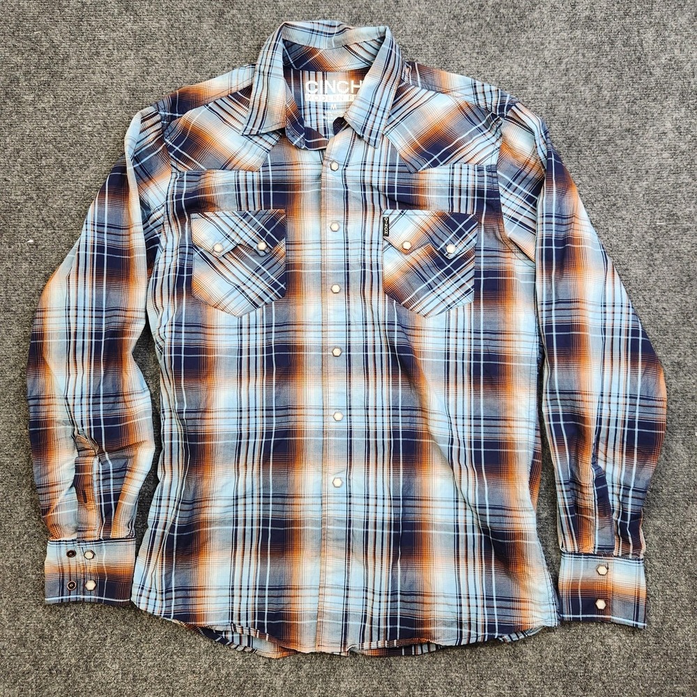 Cinch Shirt Mens Medium Blue Plaid Long Sleeve Western Pearl Snap Casual